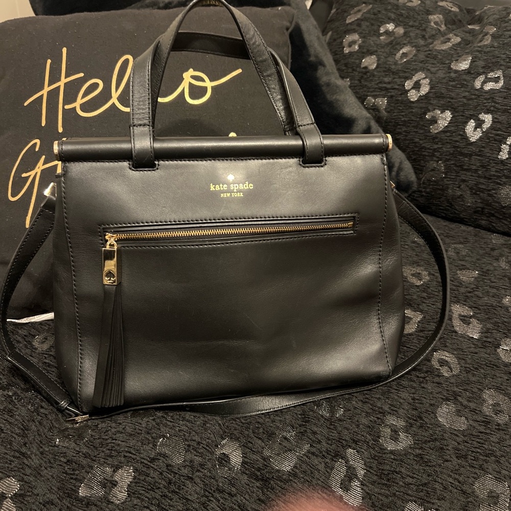 kate spade Black Leather Shoulder Bag with Tassel Zip